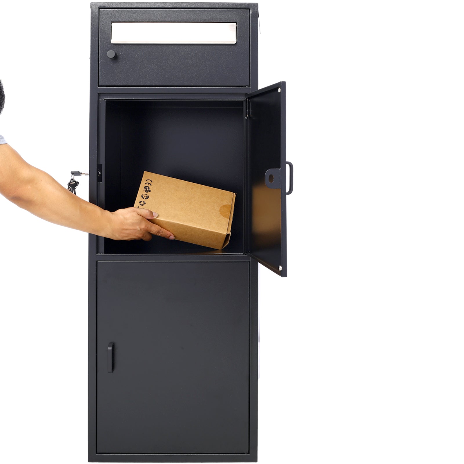 Large Steel Freestanding Floor Parcel Package Drop with Locking Letterbox Drop Mail Box with Multi Compartments, Black