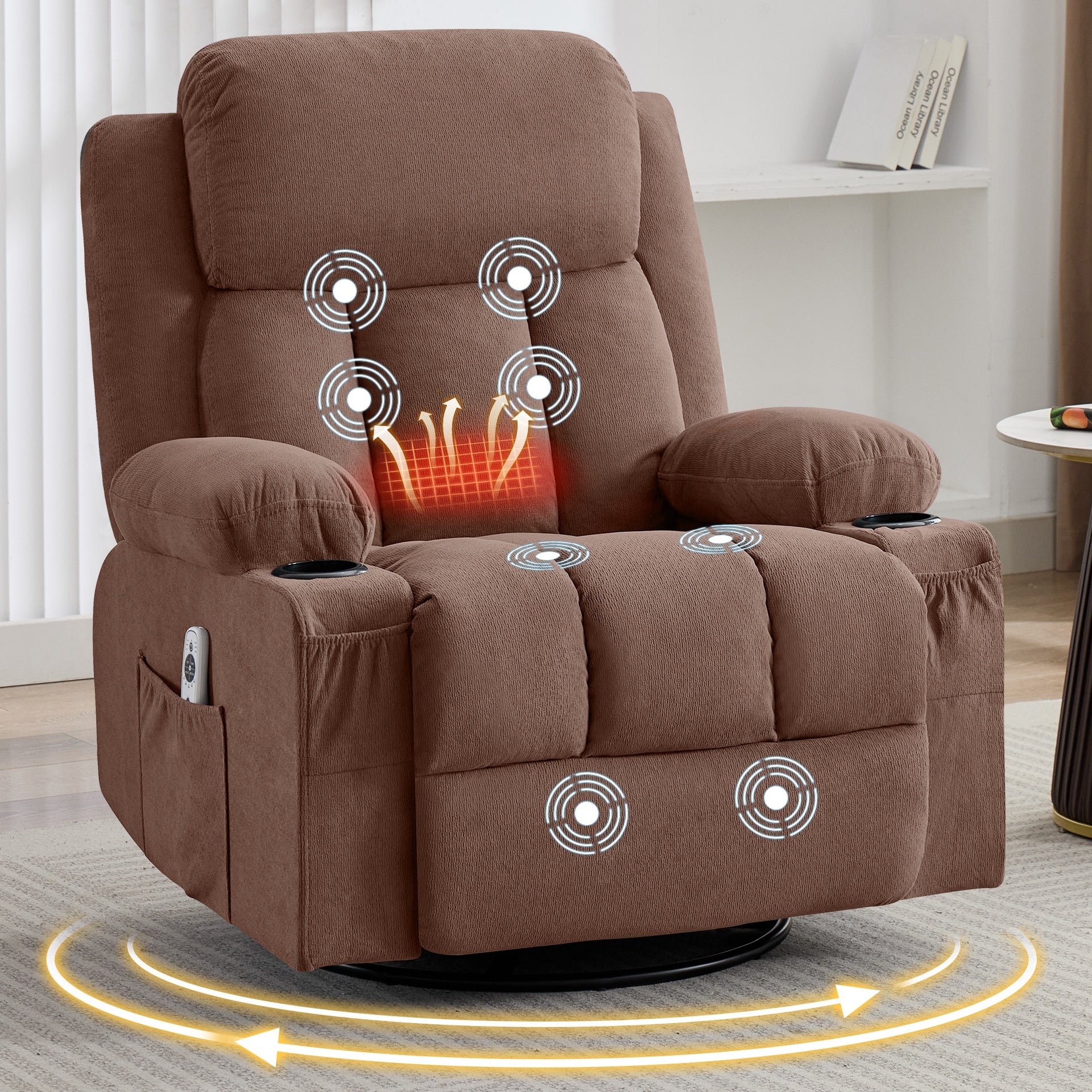 Swivel Rocker Recliner Chair with Vibration Massage and Heat for Living Room ,with Rocking Function and Side Pocket, USB Charge Port,2 cup holders