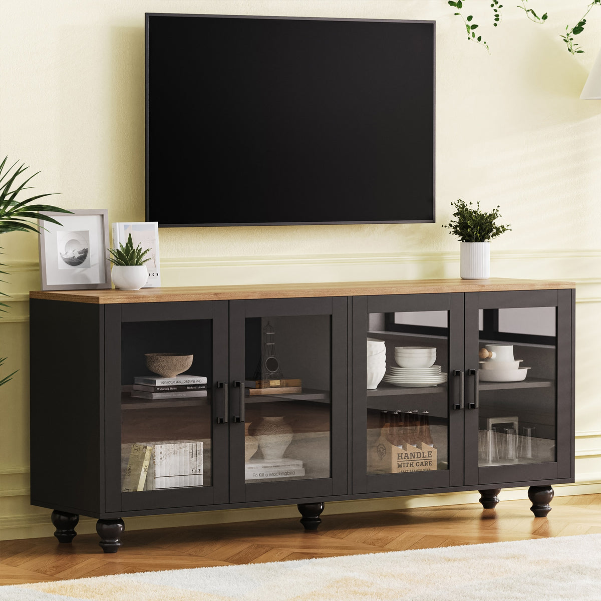 ON-TREND Farmhouse TV Stand with Tempered Glass Doors for TVs Up to 70", Versatile Sideboard with Adjustable Shelves, Elegant Buffet Cabinet with 5 Solid Wood Gourd-Shaped Legs for Living Room, Black