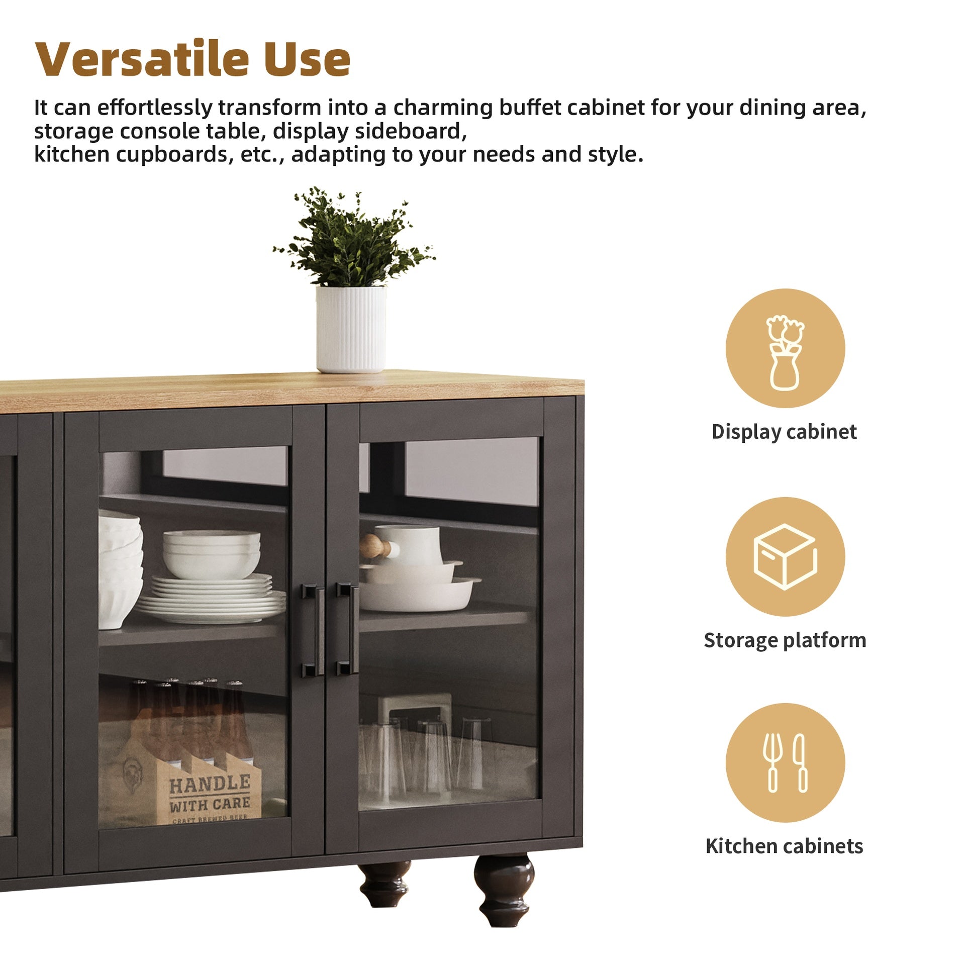 ON-TREND Farmhouse TV Stand with Tempered Glass Doors for TVs Up to 70", Versatile Sideboard with Adjustable Shelves, Elegant Buffet Cabinet with 5 Solid Wood Gourd-Shaped Legs for Living Room, Black