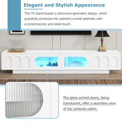 ON-TREND TV Stand with Fluted tempered Glass Doors for TVs Up to 95'', Functional Media Console with Arched Cabinet Doors, Entertainment Center with APP-Controlled LED Light for Living Room, White