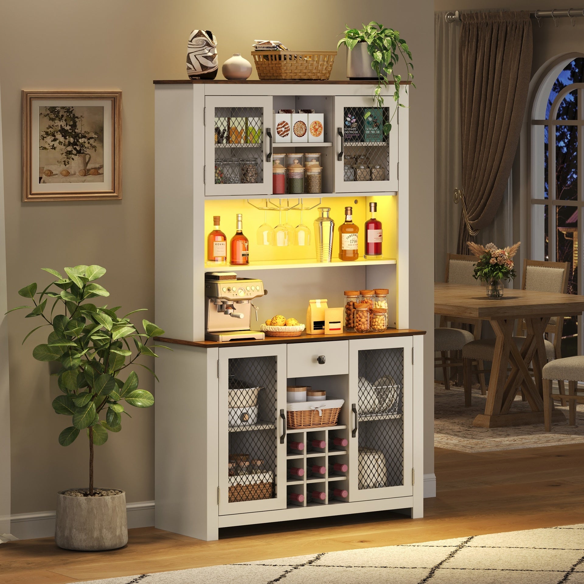 70.9" Kitchen Pantry Storage Cabinet Rustic Buffet Cabinet, Kitchen Hutch Cabinet with LED Outlets Food Pantry Cabinet with Doors and Shelves Wine Rack for Dining Room, White