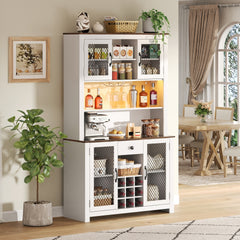 70.9" Kitchen Pantry Storage Cabinet Rustic Buffet Cabinet, Kitchen Hutch Cabinet with LED Outlets Food Pantry Cabinet with Doors and Shelves Wine Rack for Dining Room, White