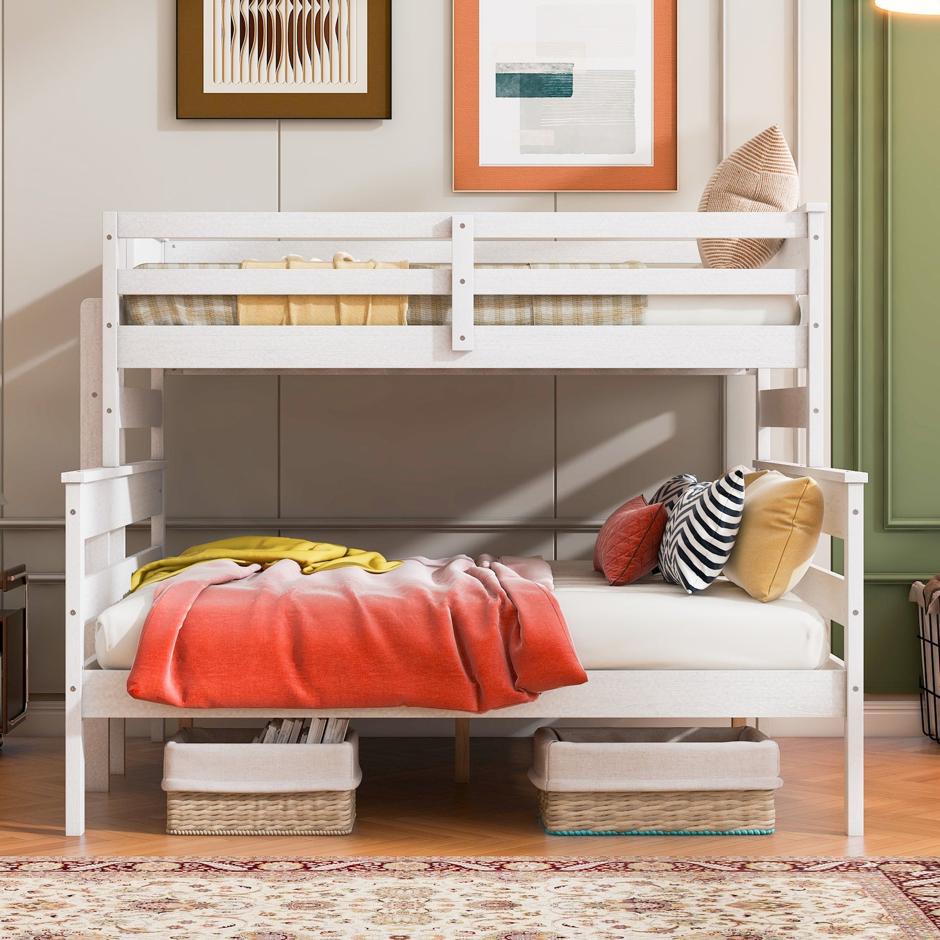 Wood Twin XL over Queen Bunk Bed with Ladder, White