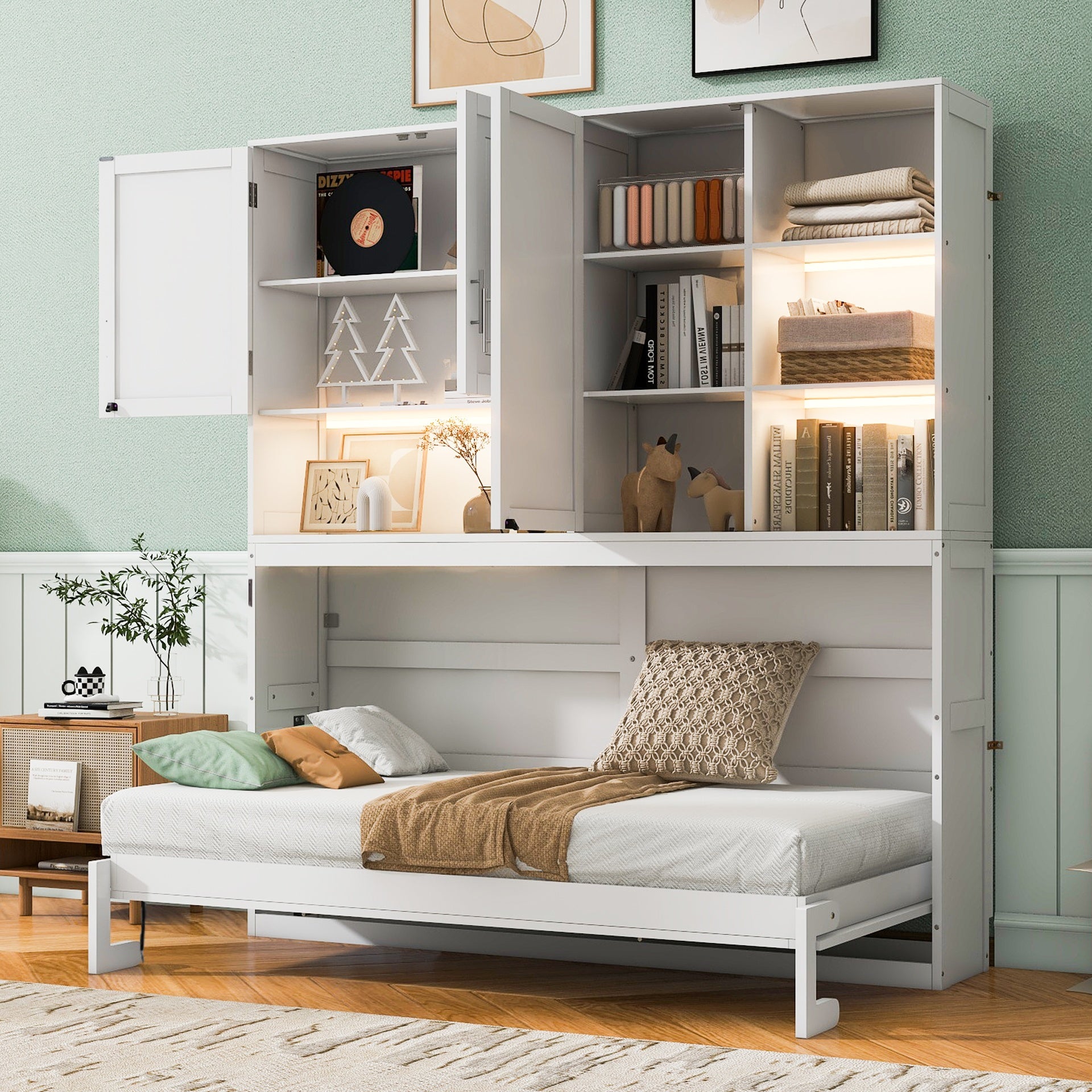 Twin Size Wall Murphy Bed with Top Cabinet, Shelves ,Space Saving Foldable Bed with Light & USB,White