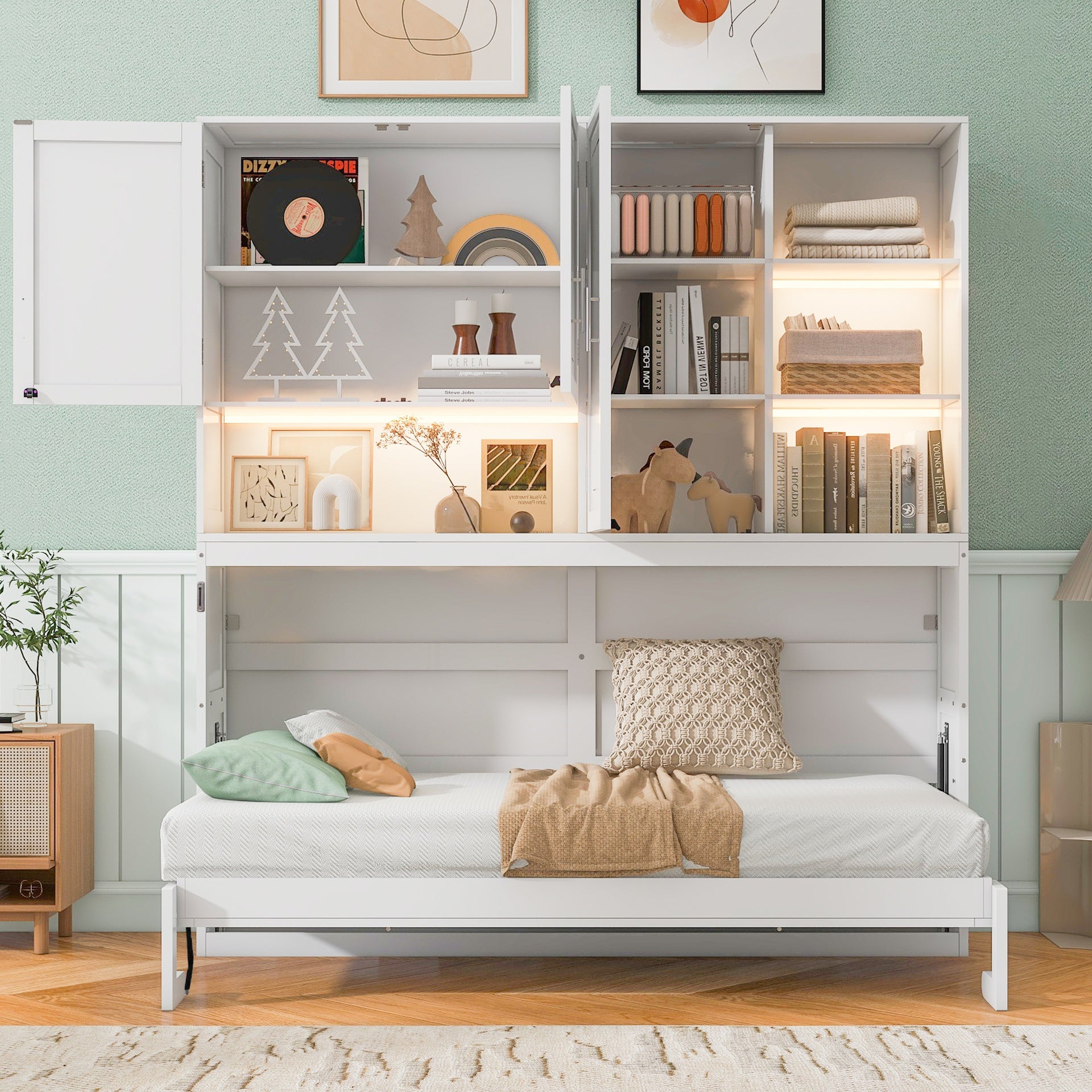 Twin Size Wall Murphy Bed with Top Cabinet, Shelves ,Space Saving Foldable Bed with Light & USB,White