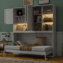 Twin Size Wall Murphy Bed with Top Cabinet, Shelves ,Space Saving Foldable Bed with Light & USB,White