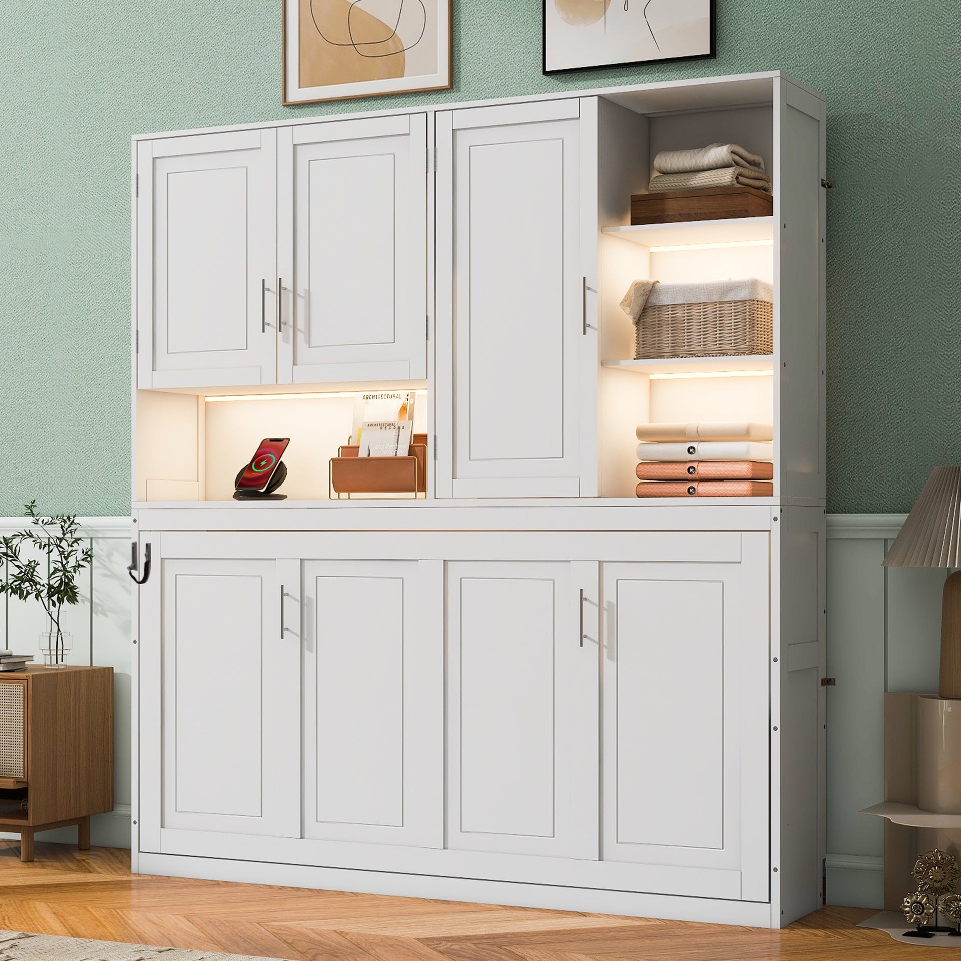 Twin Size Wall Murphy Bed with Top Cabinet, Shelves ,Space Saving Foldable Bed with Light & USB,White