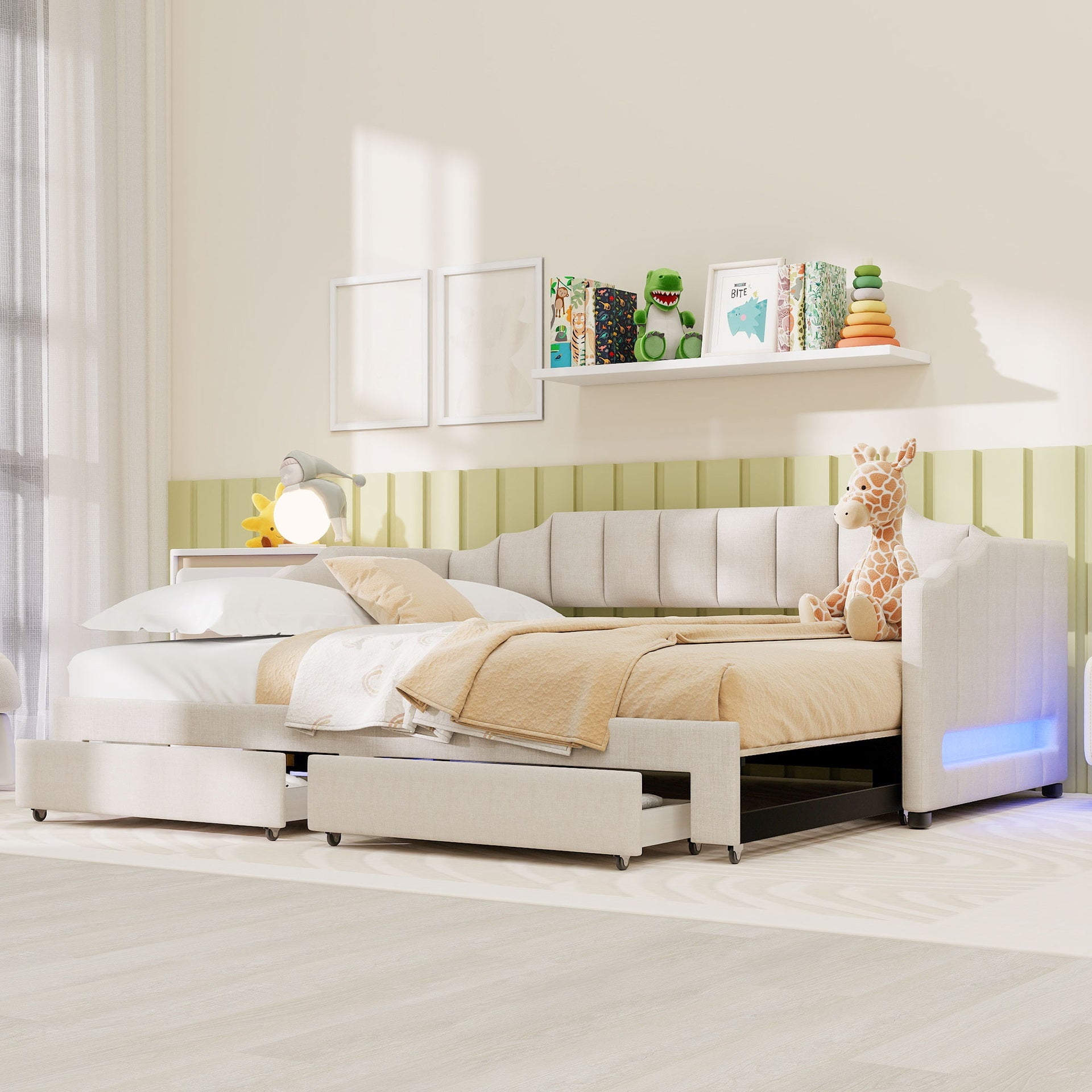 Twin XL Size Extendable Upholstered Daybed with Two Storage Drawers and LED Light,Twin XL to King Daybed,Beige