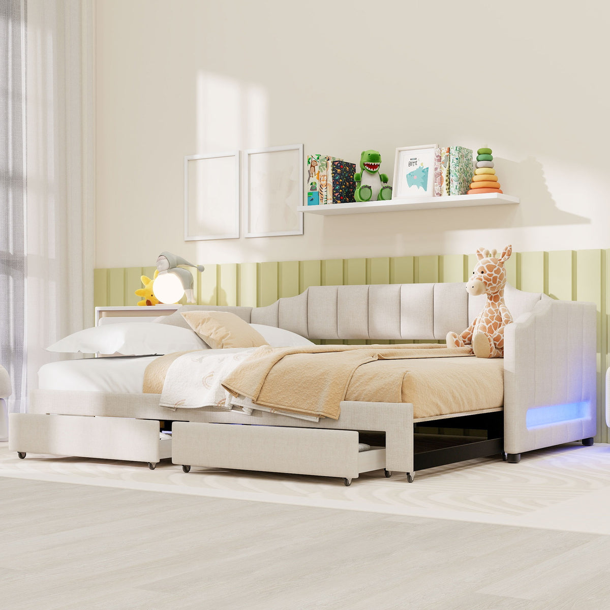 Twin XL Size Extendable Upholstered Daybed with Two Storage Drawers and LED Light,Twin XL to King Daybed,Beige