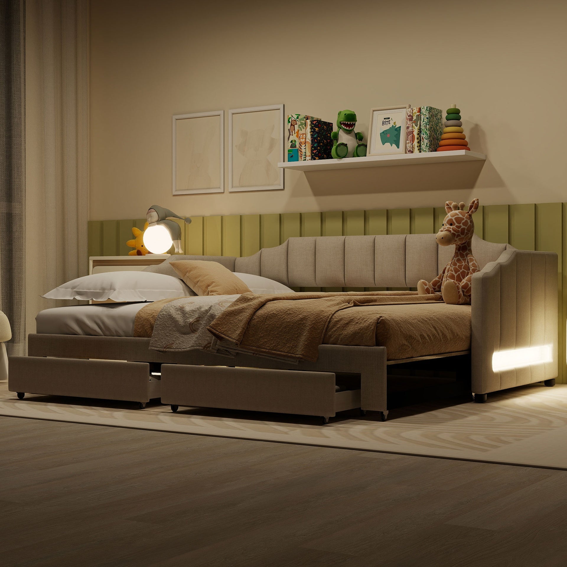 Twin XL Size Extendable Upholstered Daybed with Two Storage Drawers and LED Light,Twin XL to King Daybed,Beige