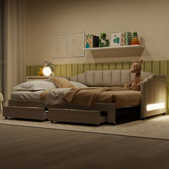 Twin XL Size Extendable Upholstered Daybed with Two Storage Drawers and LED Light,Twin XL to King Daybed,Beige
