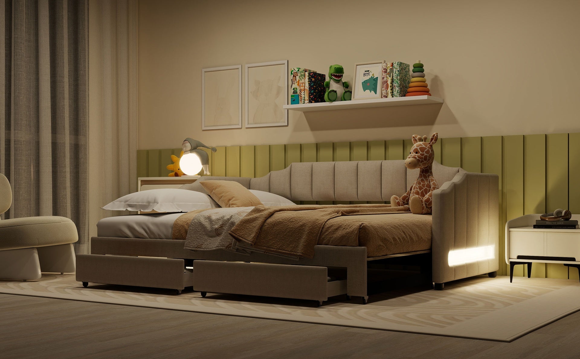 Twin XL Size Extendable Upholstered Daybed with Two Storage Drawers and LED Light,Twin XL to King Daybed,Beige