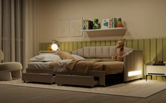 Twin XL Size Extendable Upholstered Daybed with Two Storage Drawers and LED Light,Twin XL to King Daybed,Beige