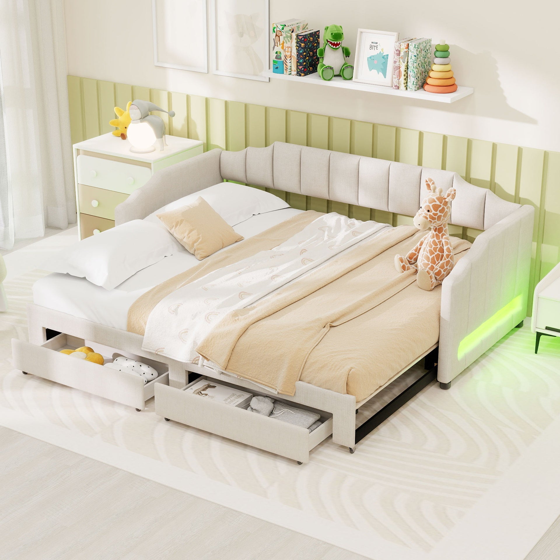 Twin XL Size Extendable Upholstered Daybed with Two Storage Drawers and LED Light,Twin XL to King Daybed,Beige