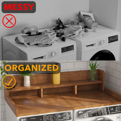 Washer Dryer Countertop with Non-slip Pads, Laundry Wood Shelf Topper with Edge, 54" Width x 27.5" Depth Double Layer Organizer for Washer and Dryer Laundry Hamper Counter Storage Organization(WALNUT)