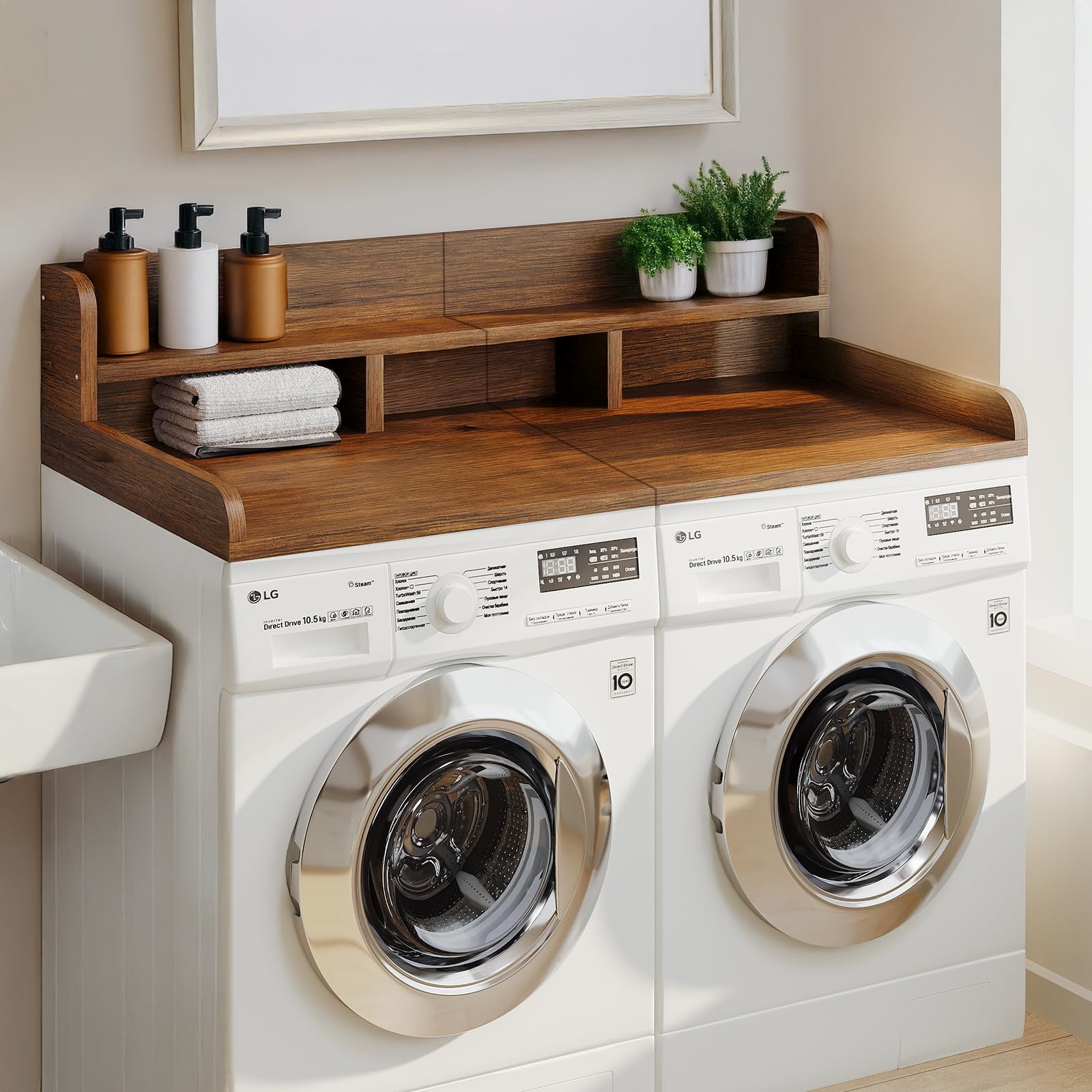 Washer Dryer Countertop with Non-slip Pads, Laundry Wood Shelf Topper with Edge, 54" Width x 27.5" Depth Double Layer Organizer for Washer and Dryer Laundry Hamper Counter Storage Organization(WALNUT)