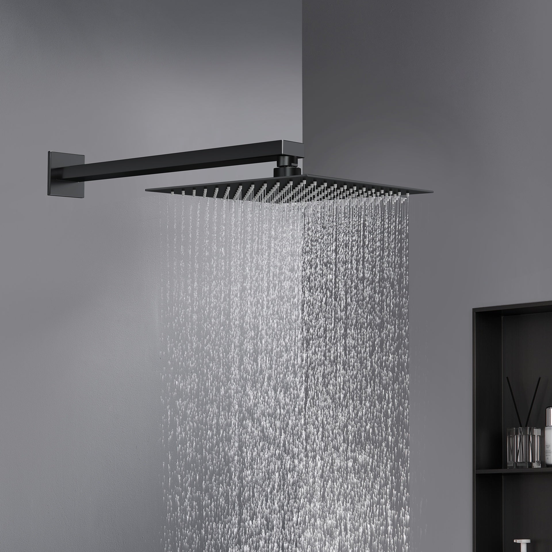 12 Inch Black Rain Shower Head, Square Ultra Thin 304 Stainless Steel High Pressure Shower Head Waterfall Full Body Coverage Waterfall Shower Head