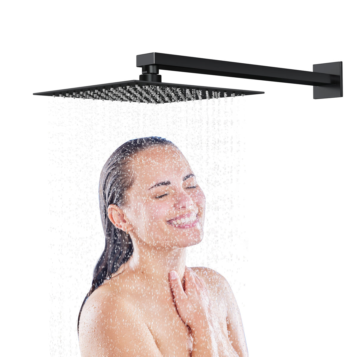 12 Inch Black Rain Shower Head, Square Ultra Thin 304 Stainless Steel High Pressure Shower Head Waterfall Full Body Coverage Waterfall Shower Head
