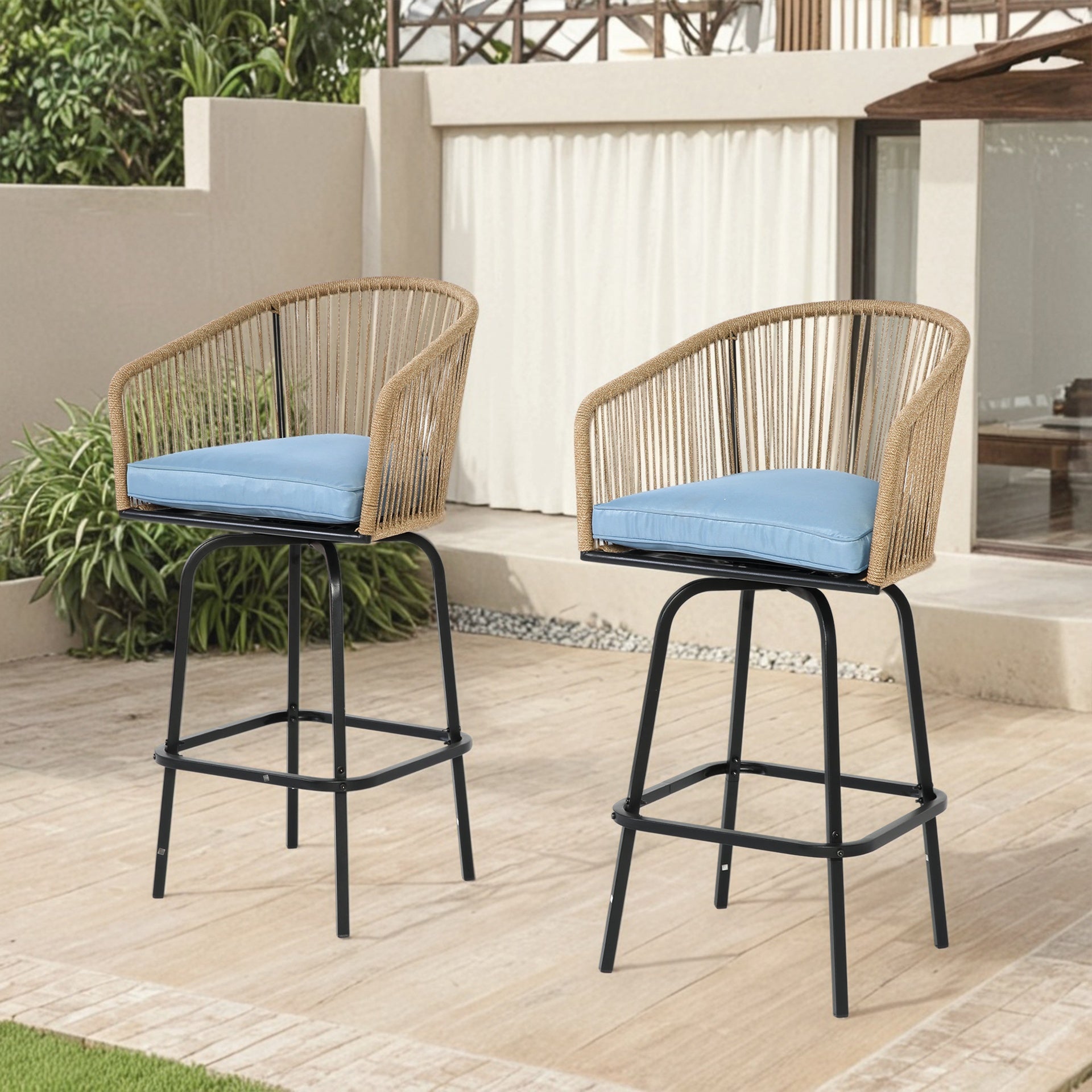 Outdoor Bar Stools Set of 2, 2-Piece Patio Bar Stools with Armrests, All Weather Rattan Bar Chairs with Backrest, Wicker Bar Stools for Backyard, Garden, Pool, Balcony and Deck-Blue