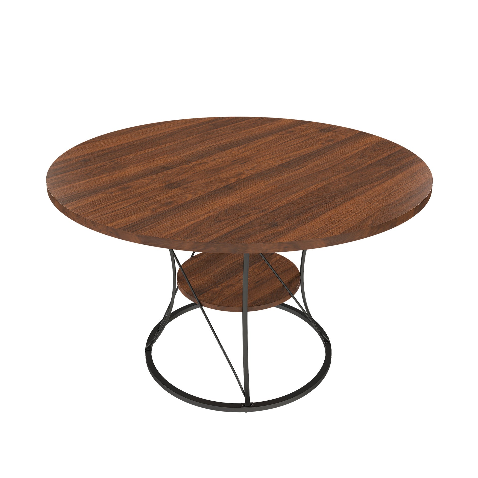 43 inch Round Dining Table for 4-6, Expandable Farmhouse Kitchen Table with Storage Shelf & Metal Base, Brown & Black Extendable Wood Table from 43 to 59 inch, Large Round Table for Home (No Chairs)