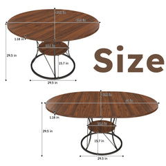 43 inch Round Dining Table for 4-6, Expandable Farmhouse Kitchen Table with Storage Shelf & Metal Base, Brown & Black Extendable Wood Table from 43 to 59 inch, Large Round Table for Home (No Chairs)
