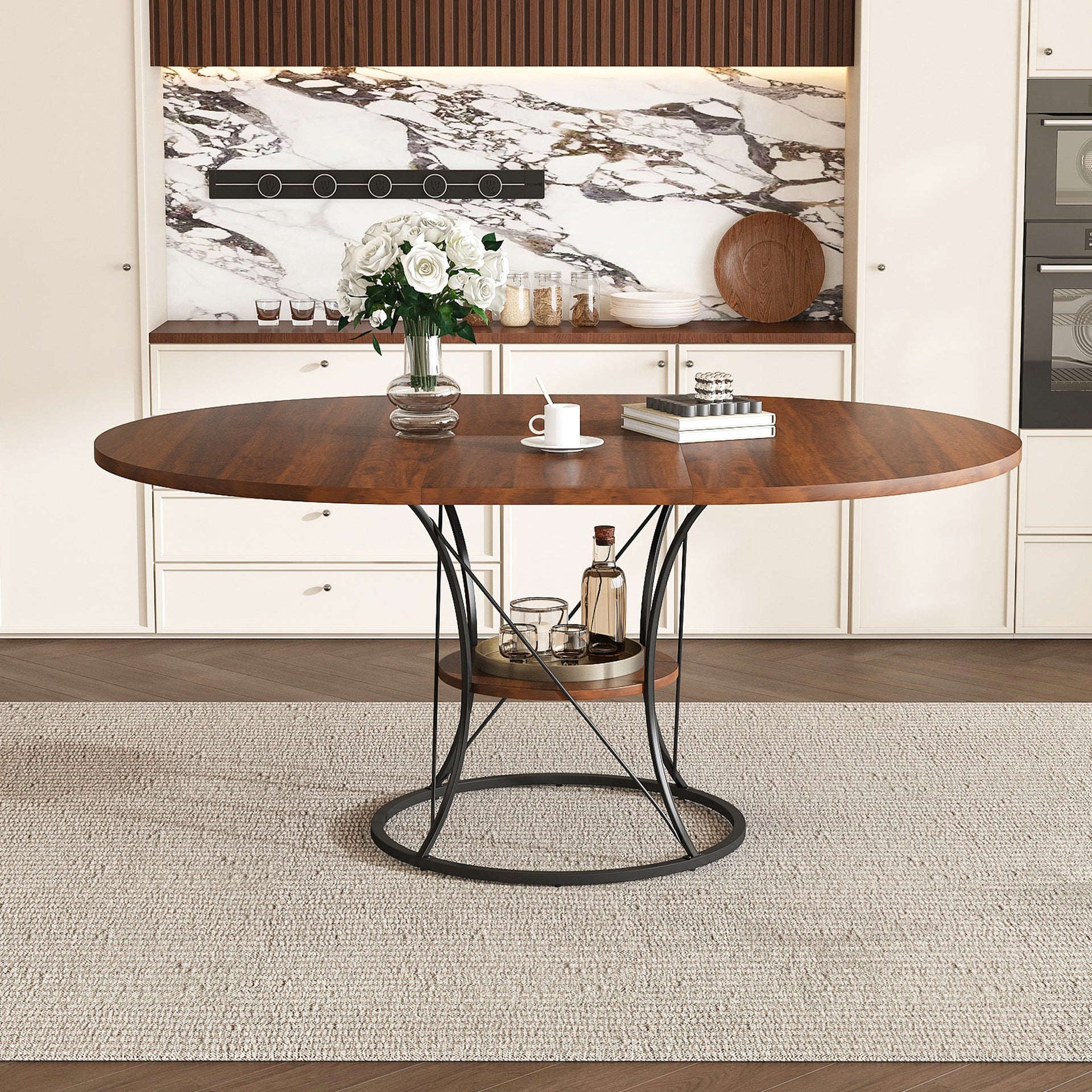 43 inch Round Dining Table for 4-6, Expandable Farmhouse Kitchen Table with Storage Shelf & Metal Base, Brown & Black Extendable Wood Table from 43 to 59 inch, Large Round Table for Home (No Chairs)