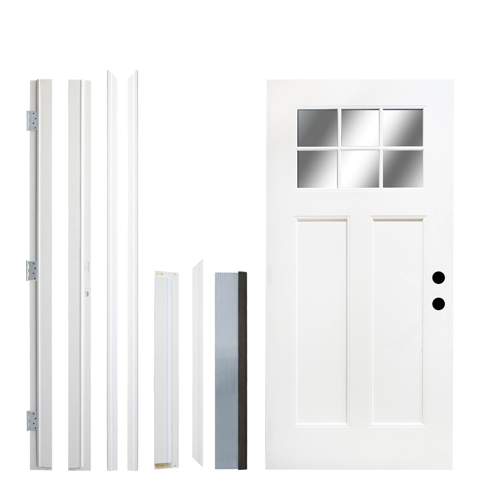 Fiberglass Entry Door, 36'' x 80" Door with Brickmould,6-9/16 Vinyl Frame,White Primed, Left Hand Inswing, Front Entry Knock-Down Door, 2-Panel Craftsman, 6-Lite Low-E Glass