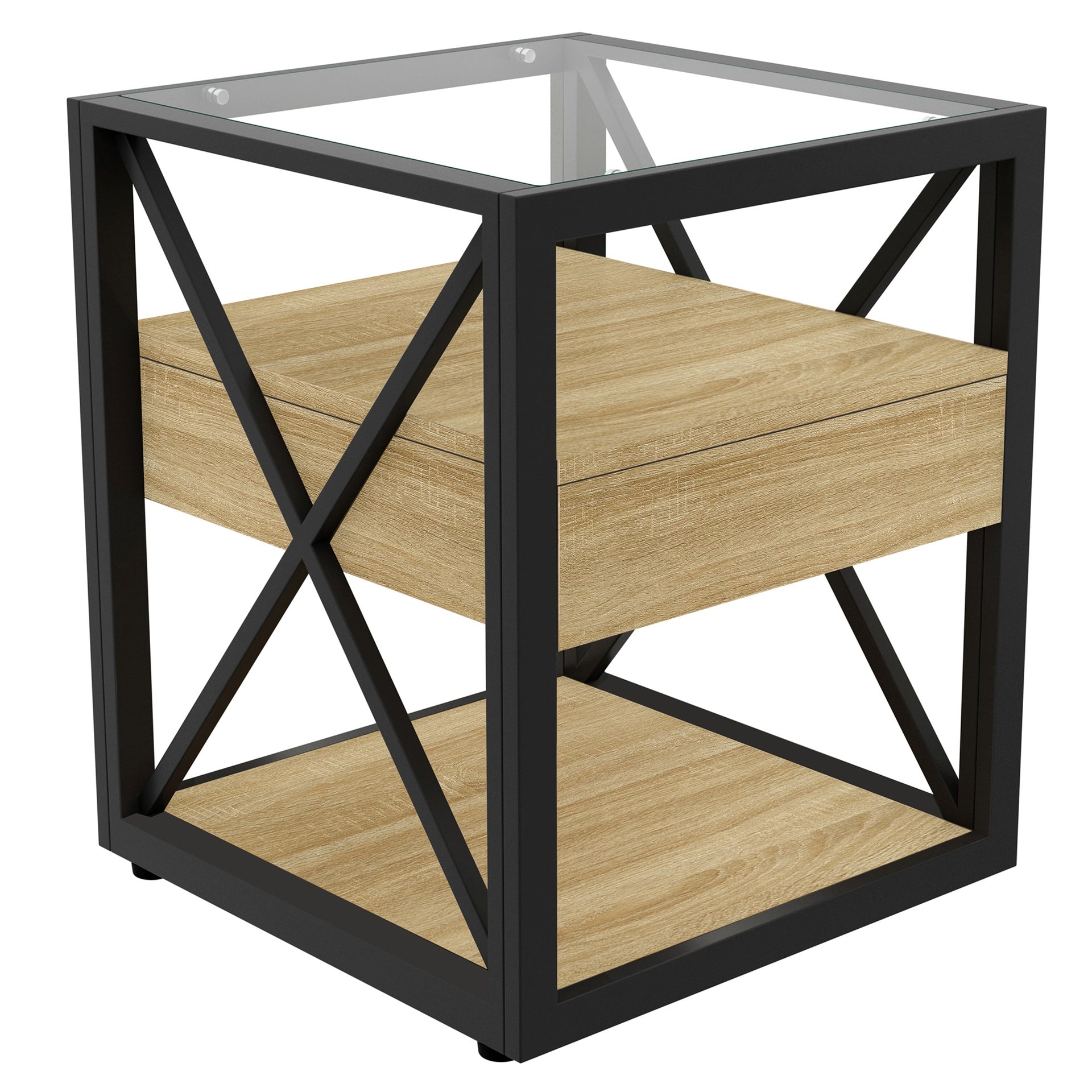 1 piece Modern End Table with Drawer - Nightstand for Bedroom & Living Room, Natural Wood MDF & Tempered Glass Top, Industrial Style Side Table