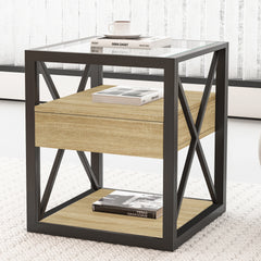 1 piece Modern End Table with Drawer - Nightstand for Bedroom & Living Room, Natural Wood MDF & Tempered Glass Top, Industrial Style Side Table