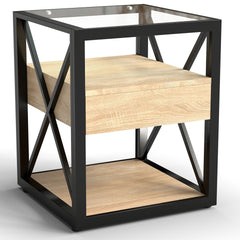 1 piece Modern End Table with Drawer - Nightstand for Bedroom & Living Room, Natural Wood MDF & Tempered Glass Top, Industrial Style Side Table