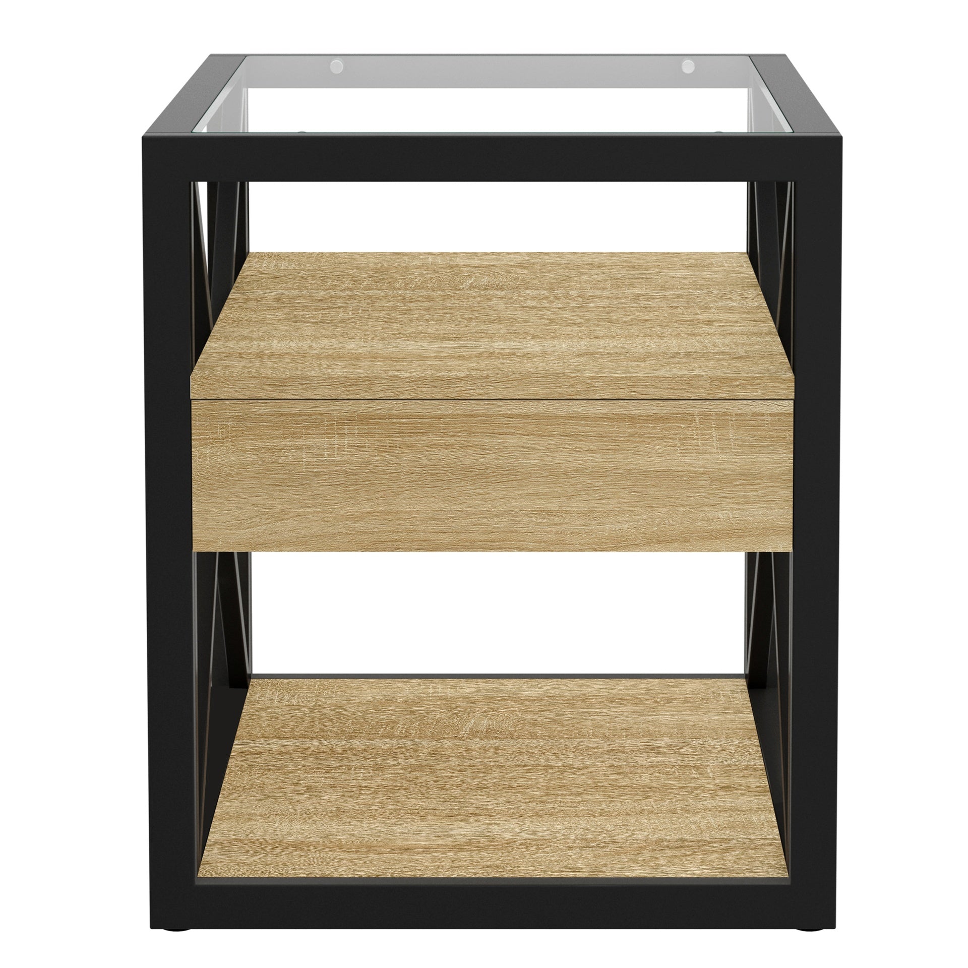 1 piece Modern End Table with Drawer - Nightstand for Bedroom & Living Room, Natural Wood MDF & Tempered Glass Top, Industrial Style Side Table