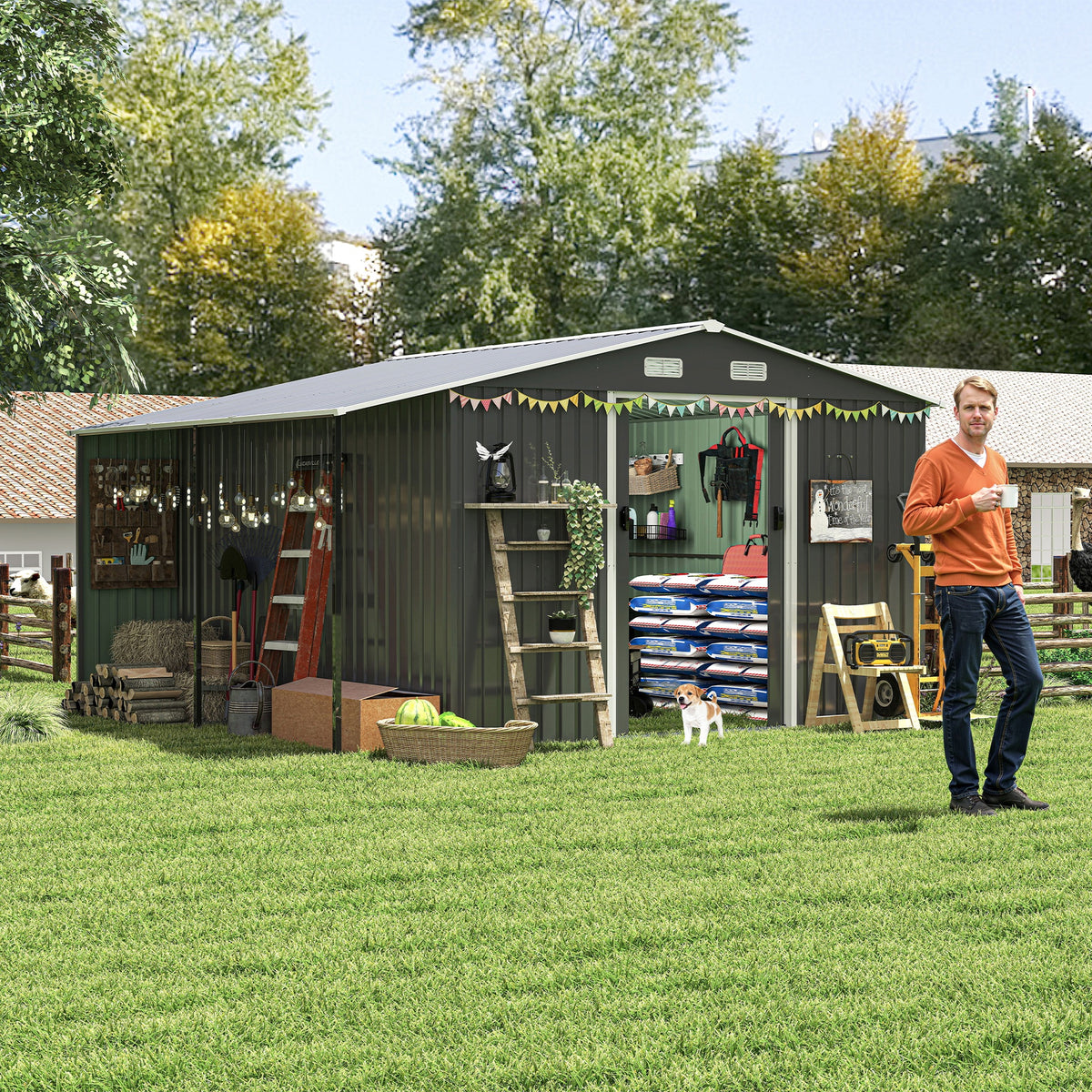 10x12 Ft Outdoor Storage Shed, Extra Large Metal Shed with Lockable Doors,  Windows, Outside Steel Tiny House Ideal for Garden, Backyard, Patio Utility, Tool Storage, Chicken Coops