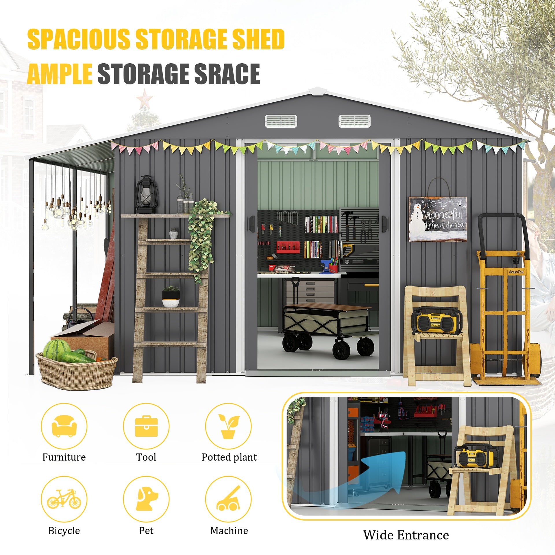 10x12 Ft Outdoor Storage Shed, Extra Large Metal Shed with Lockable Doors,  Windows, Outside Steel Tiny House Ideal for Garden, Backyard, Patio Utility, Tool Storage, Chicken Coops