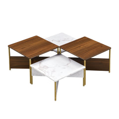 Modern Nesting Coffee Tables Set of 4 -Mid Century Modern Square Living Room Table, Free Adjustable Shape,Versatile and Stylish Accent Furniture for Your Living Room White & Walnut Color