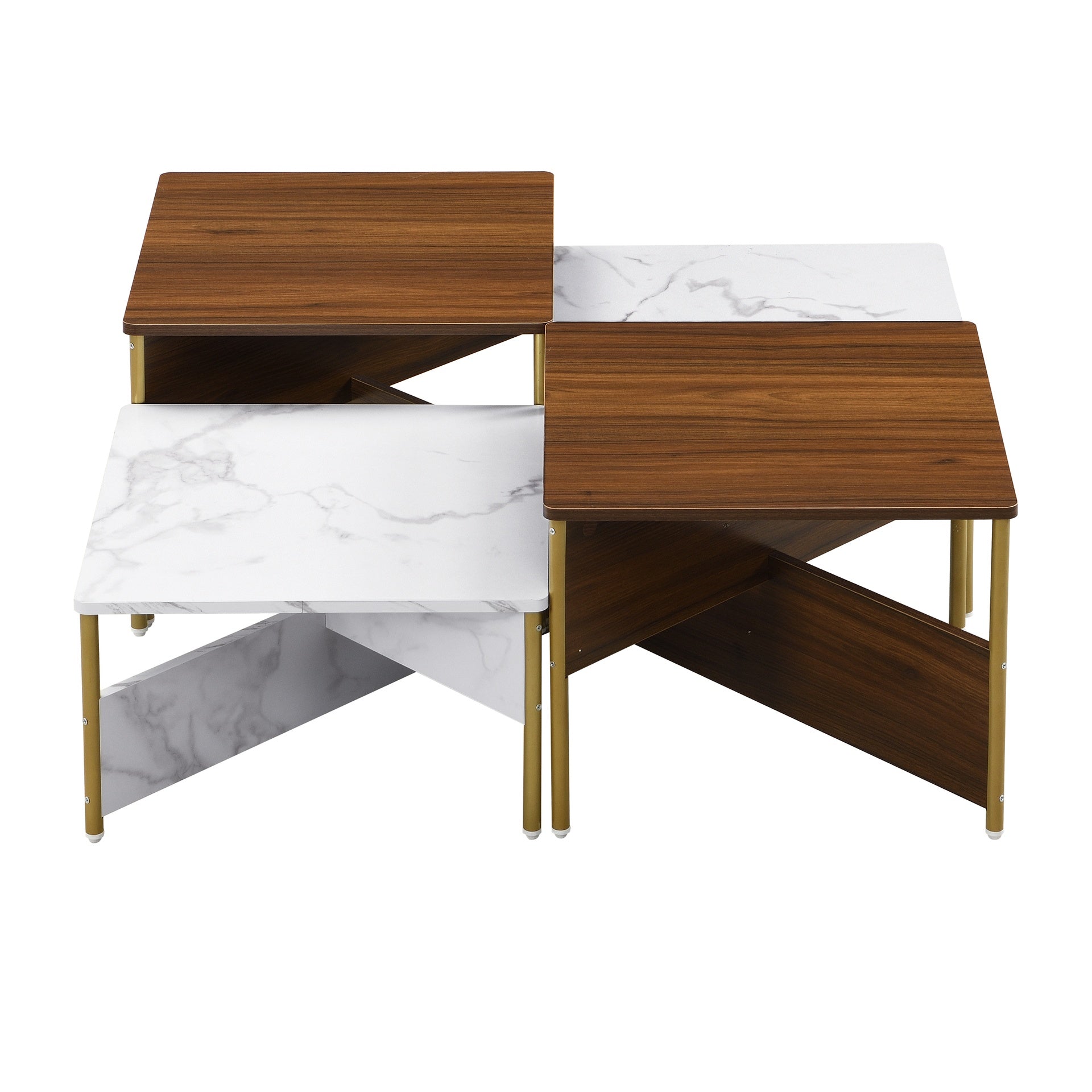 Modern Nesting Coffee Tables Set of 4 -Mid Century Modern Square Living Room Table, Free Adjustable Shape,Versatile and Stylish Accent Furniture for Your Living Room White & Walnut Color