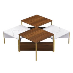 Modern Nesting Coffee Tables Set of 4 -Mid Century Modern Square Living Room Table, Free Adjustable Shape,Versatile and Stylish Accent Furniture for Your Living Room White & Walnut Color