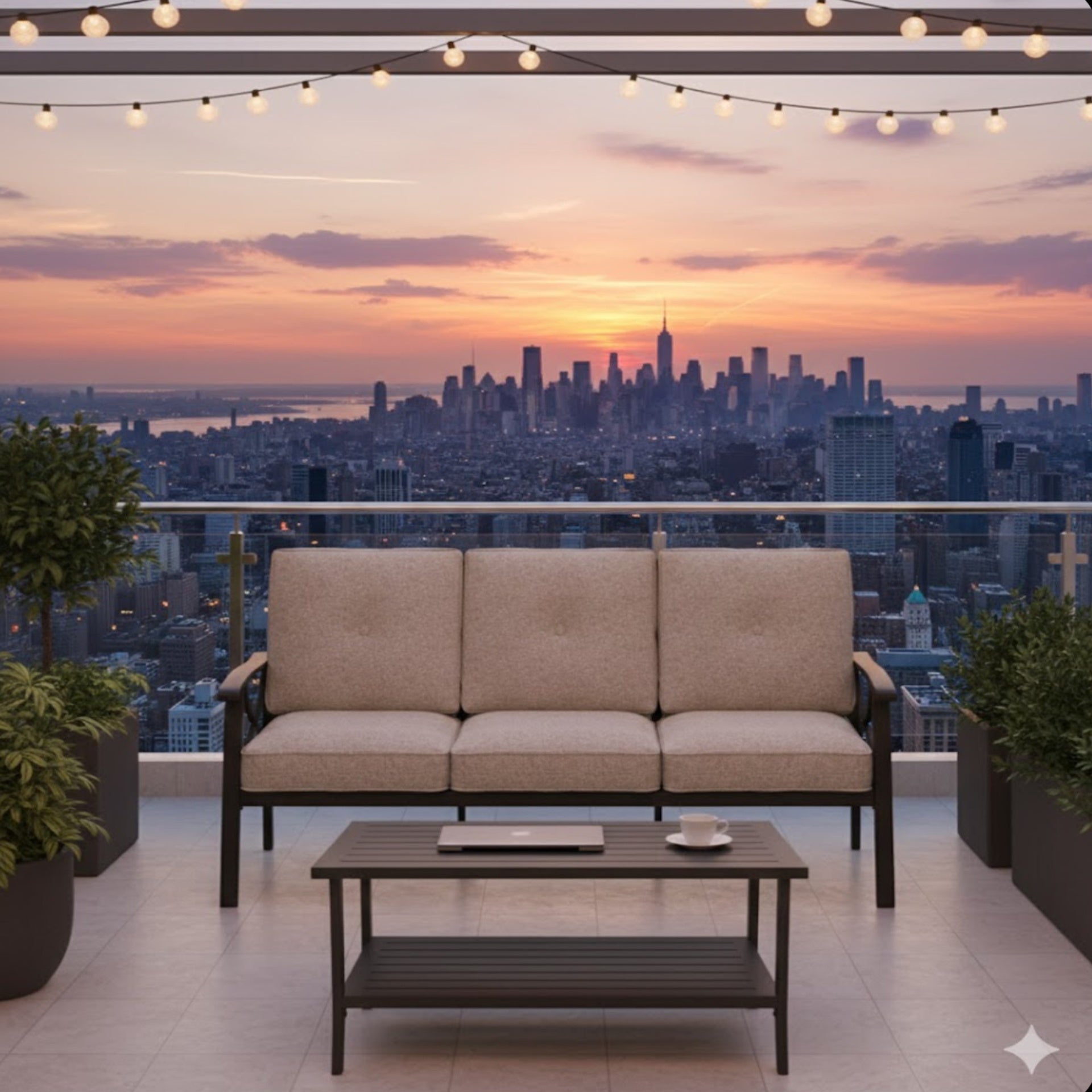 2 Piece Outdoor Patio Set, 70 Inches All-Weather Metal 3-Seat Metal Patio Sofa and Rectangular coffee Table, with Beige Cushions & Khaki Frame