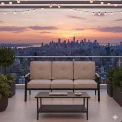2 Piece Outdoor Patio Set, 70 Inches All-Weather Metal 3-Seat Metal Patio Sofa and Rectangular coffee Table, with Beige Cushions & Khaki Frame