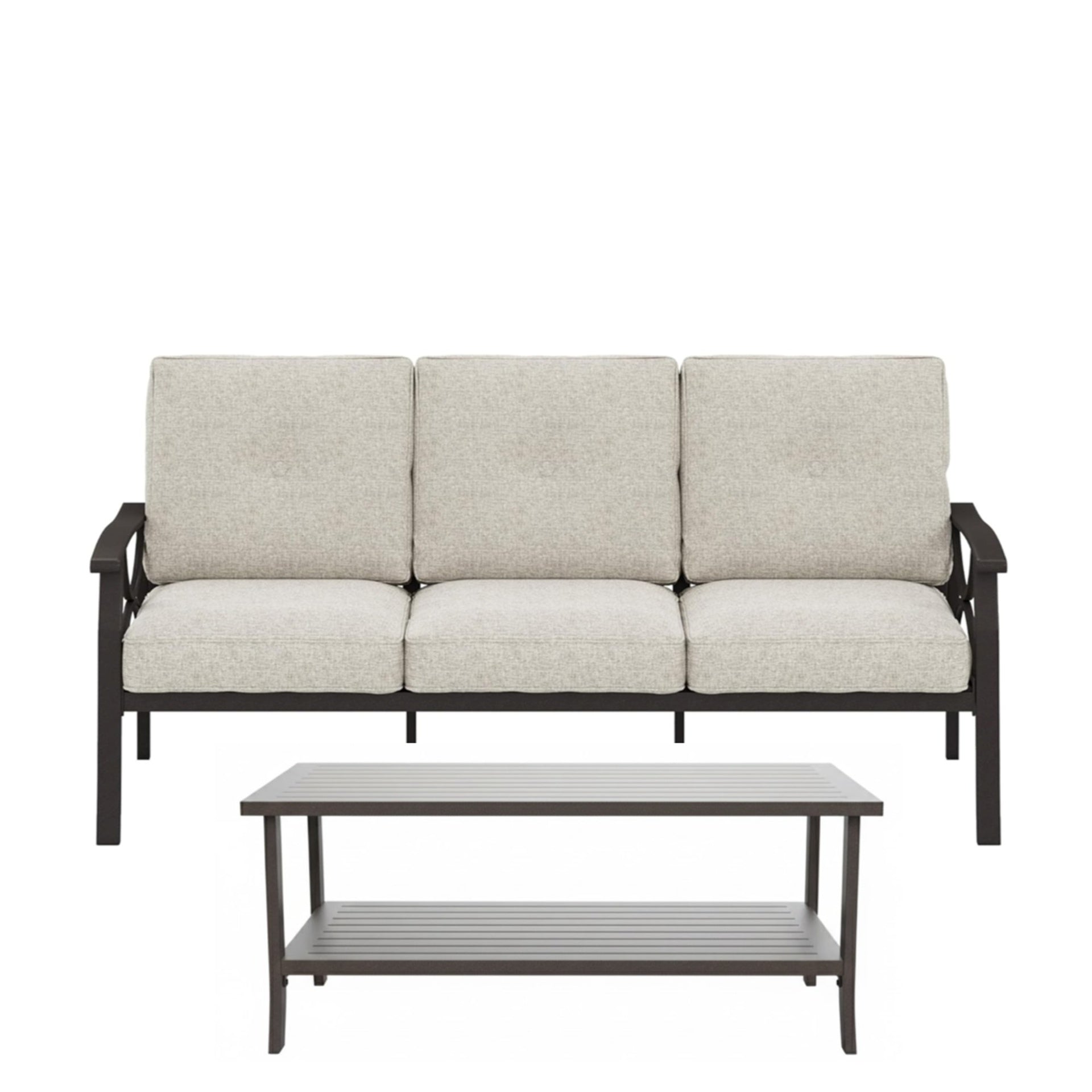 2 Piece Outdoor Patio Set, 70 Inches All-Weather Metal 3-Seat Metal Patio Sofa and Rectangular coffee Table, with Beige Cushions & Khaki Frame