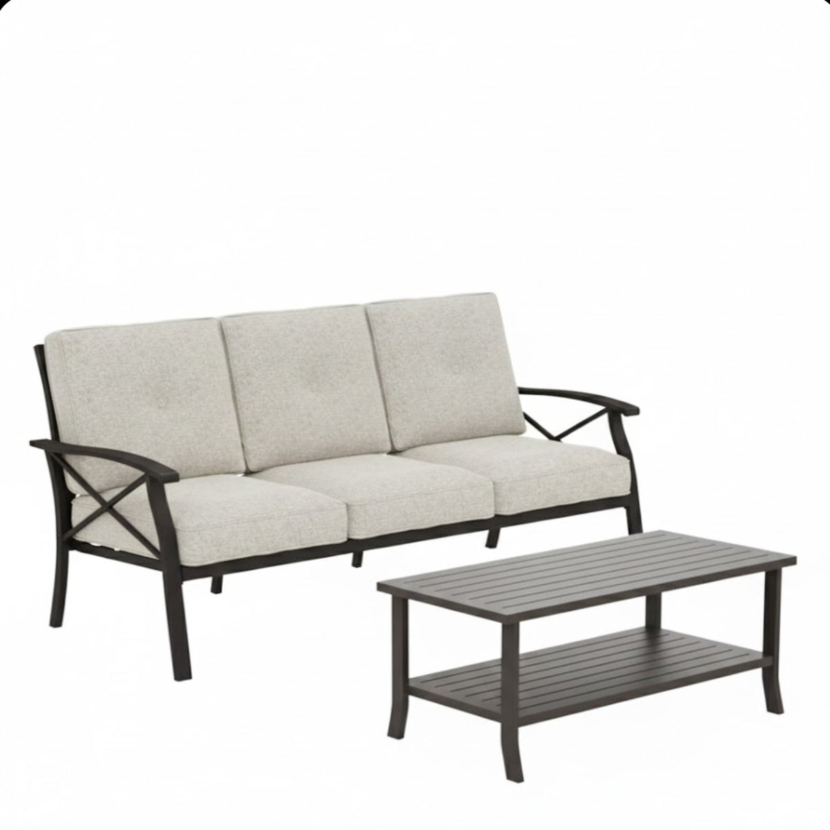 2 Piece Outdoor Patio Set, 70 Inches All-Weather Metal 3-Seat Metal Patio Sofa and Rectangular coffee Table, with Beige Cushions & Khaki Frame