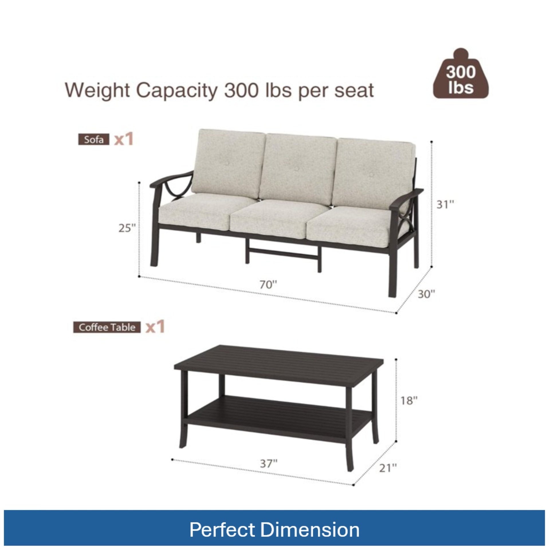 2 Piece Outdoor Patio Set, 70 Inches All-Weather Metal 3-Seat Metal Patio Sofa and Rectangular coffee Table, with Beige Cushions & Khaki Frame