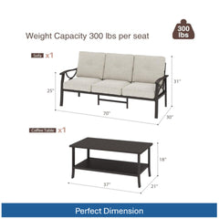 2 Piece Outdoor Patio Set, 70 Inches All-Weather Metal 3-Seat Metal Patio Sofa and Rectangular coffee Table, with Beige Cushions & Khaki Frame