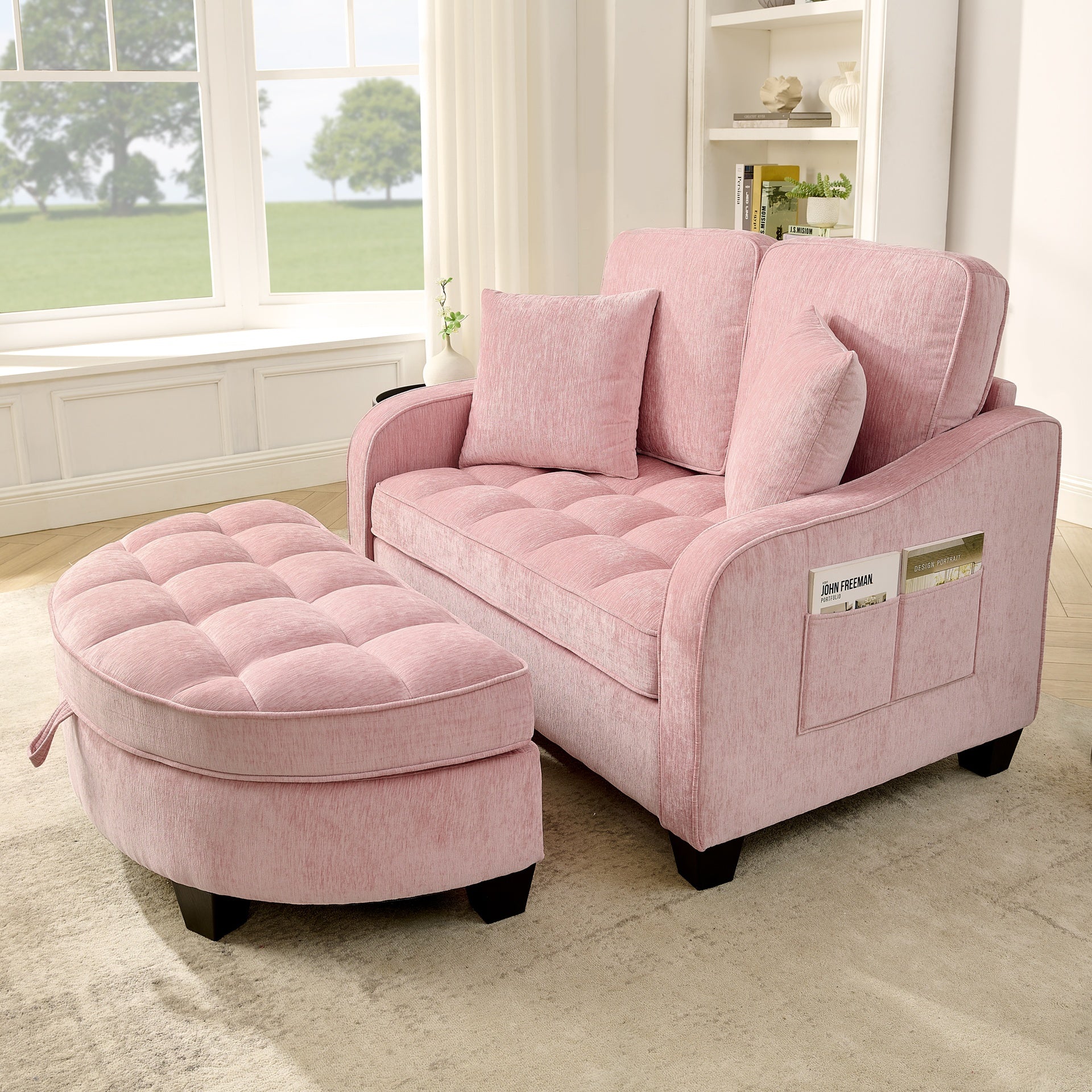 Two-seater sofa, double sofa chaise longue, with irregular armrests and backrests, footrest with storage space, comes with two small throw pillows, suitable for living room and bedroom -Pink