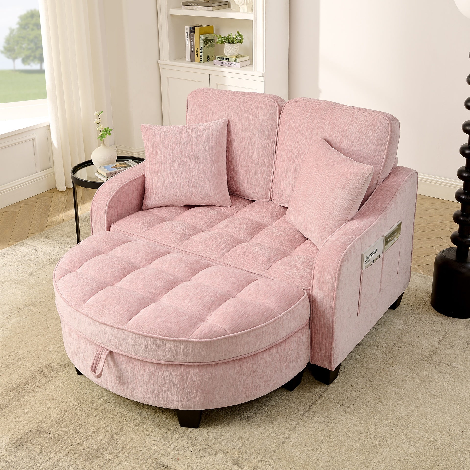 Two-seater sofa, double sofa chaise longue, with irregular armrests and backrests, footrest with storage space, comes with two small throw pillows, suitable for living room and bedroom -Pink