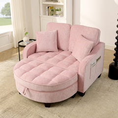 Two-seater sofa, double sofa chaise longue, with irregular armrests and backrests, footrest with storage space, comes with two small throw pillows, suitable for living room and bedroom -Pink