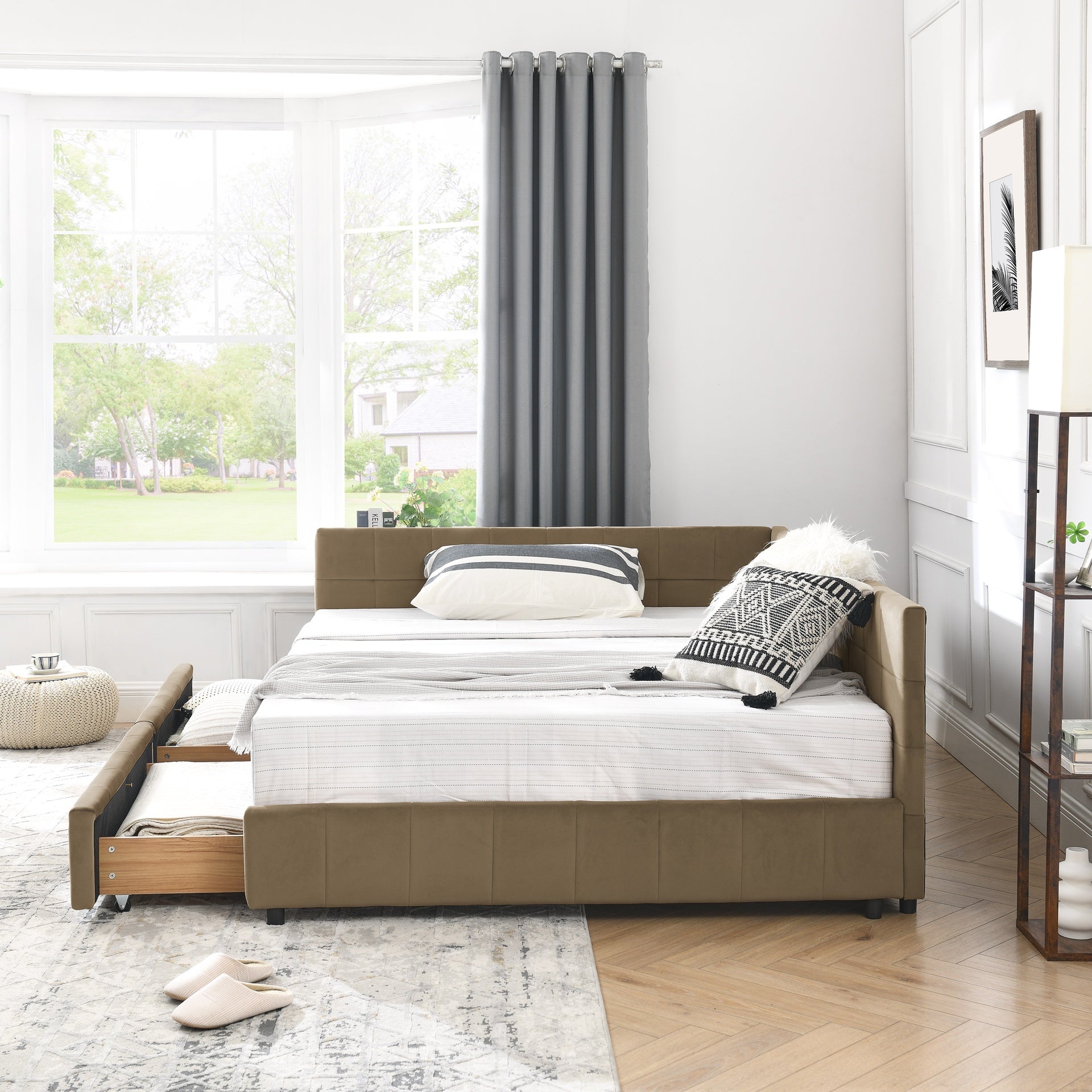 Full Size Storage Upholstered Tufted Bed Frame, Sofa Bed Frame with Comfortable Backrest and Armrests, Full Size Bed for Bedroom, Living Room,Velvet, BROWN(80.5''*59''*29.5'')