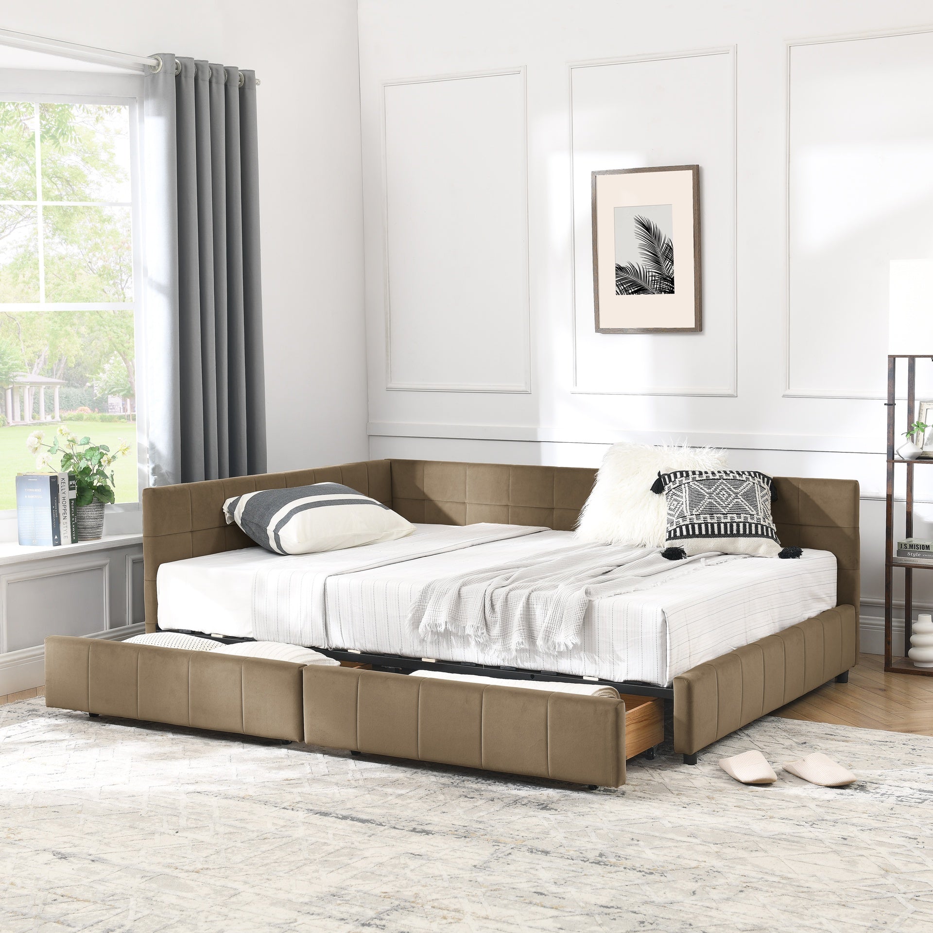 Full Size Storage Upholstered Tufted Bed Frame, Sofa Bed Frame with Comfortable Backrest and Armrests, Full Size Bed for Bedroom, Living Room,Velvet, BROWN(80.5''*59''*29.5'')