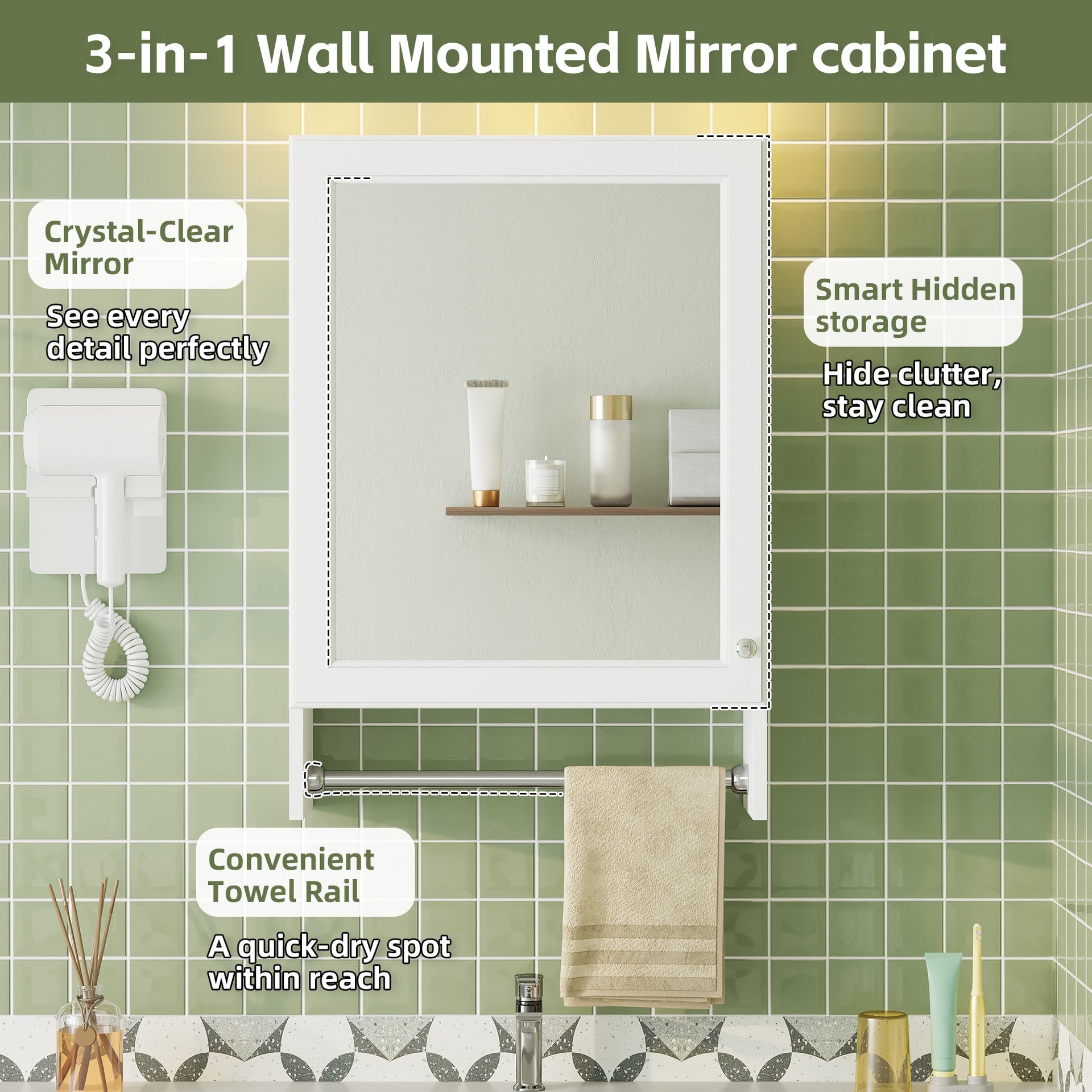 3-in-1 Bathroom Mirror Cabinet, 20-inch Wall Mounted Medicine Cabinet with Adjustable Shelf & Soft Close Door, High-Define Mirror with Storage for Bathroom Vanity