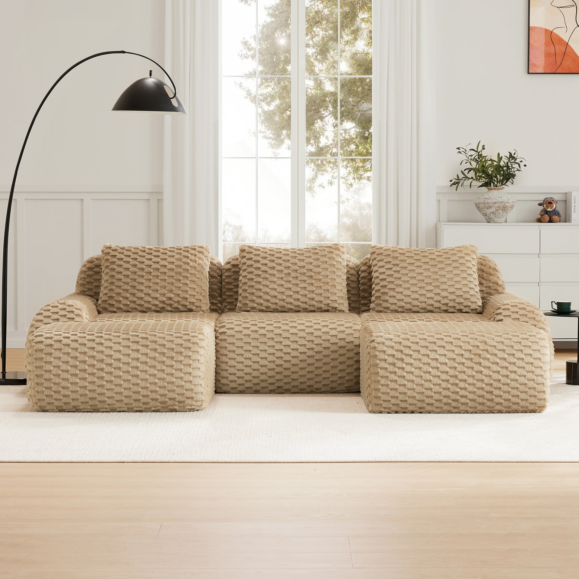 114" Modern U-Shaped Modular Sectional Sofa for Living Room,Flannelette Fabric,Oversized 3-Seater Couch,boneless sofa ,Movable Ottoman,Buckle connection,Anti-slip Design,No Assembly,Light Camel